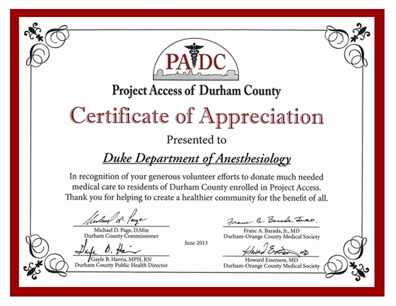 Certificate for Volunteer Work New Duke Anesthesiology Receives Padc Appreciation Award