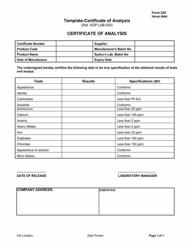 Certificate Of Analysis Template Best Of Certificate Of Analysis Templates 5 Samples for Word