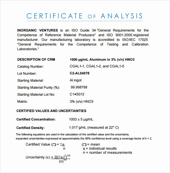 Certificate Of Analysis Template Best Of Free 11 Sample Certificate Of Analysis Templates In