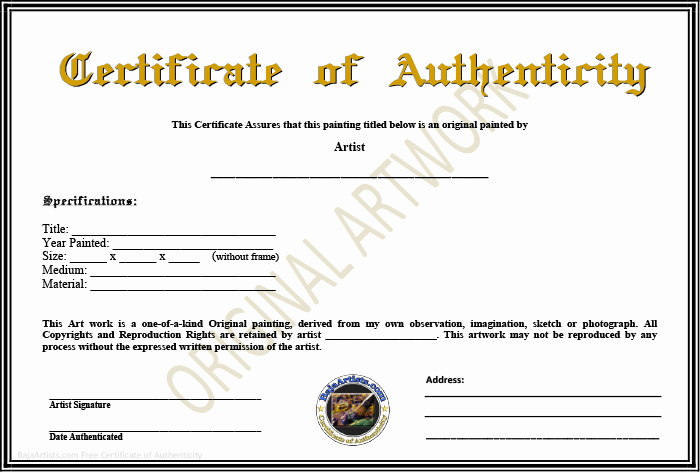 Certificate Of Authenticity Artwork Template Best Of Certificate Of Authenticity Template Certificate