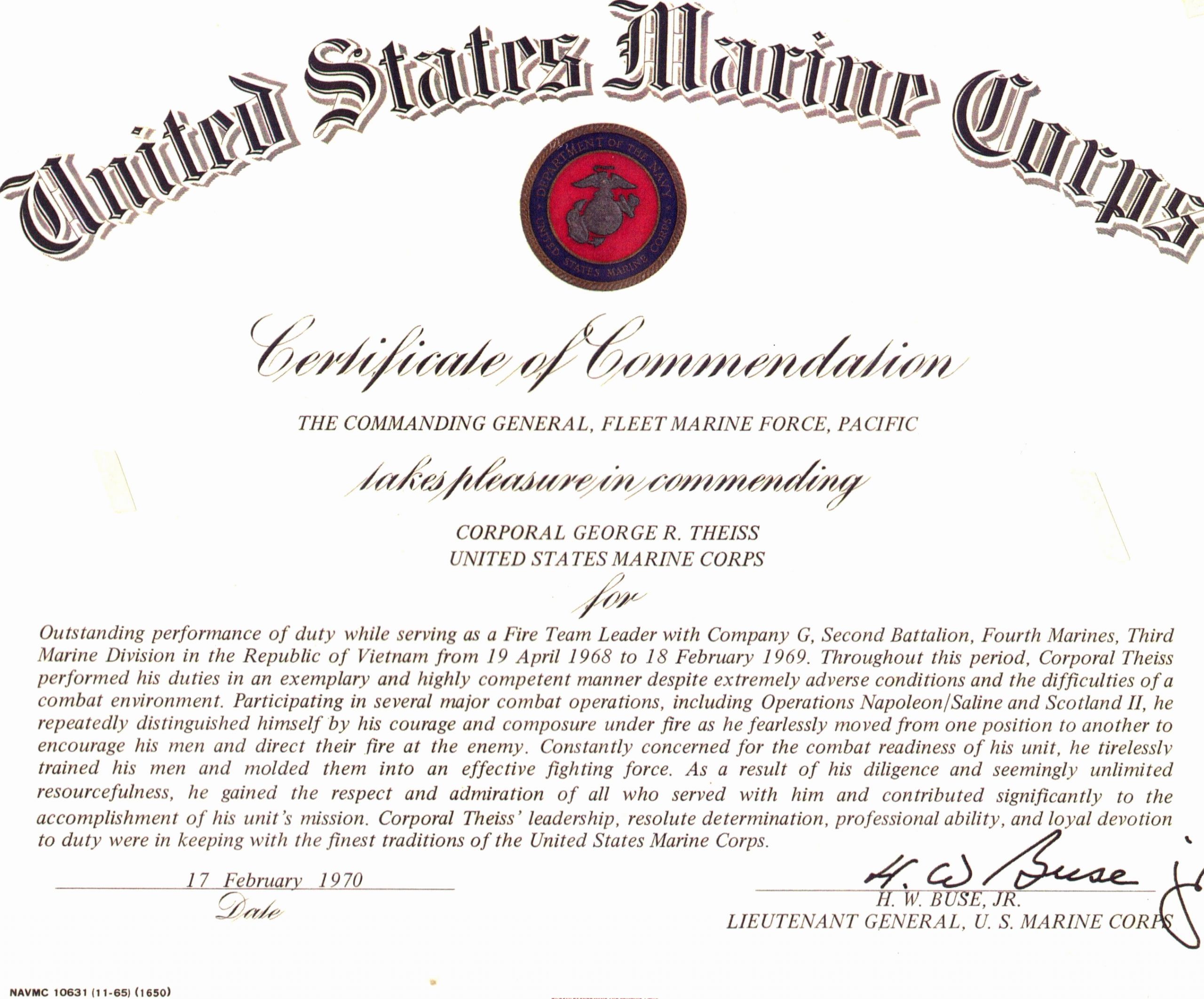 Certificate Of Commendation Usmc Template Beautiful Usmc Certificate Of Mendation for George theiss