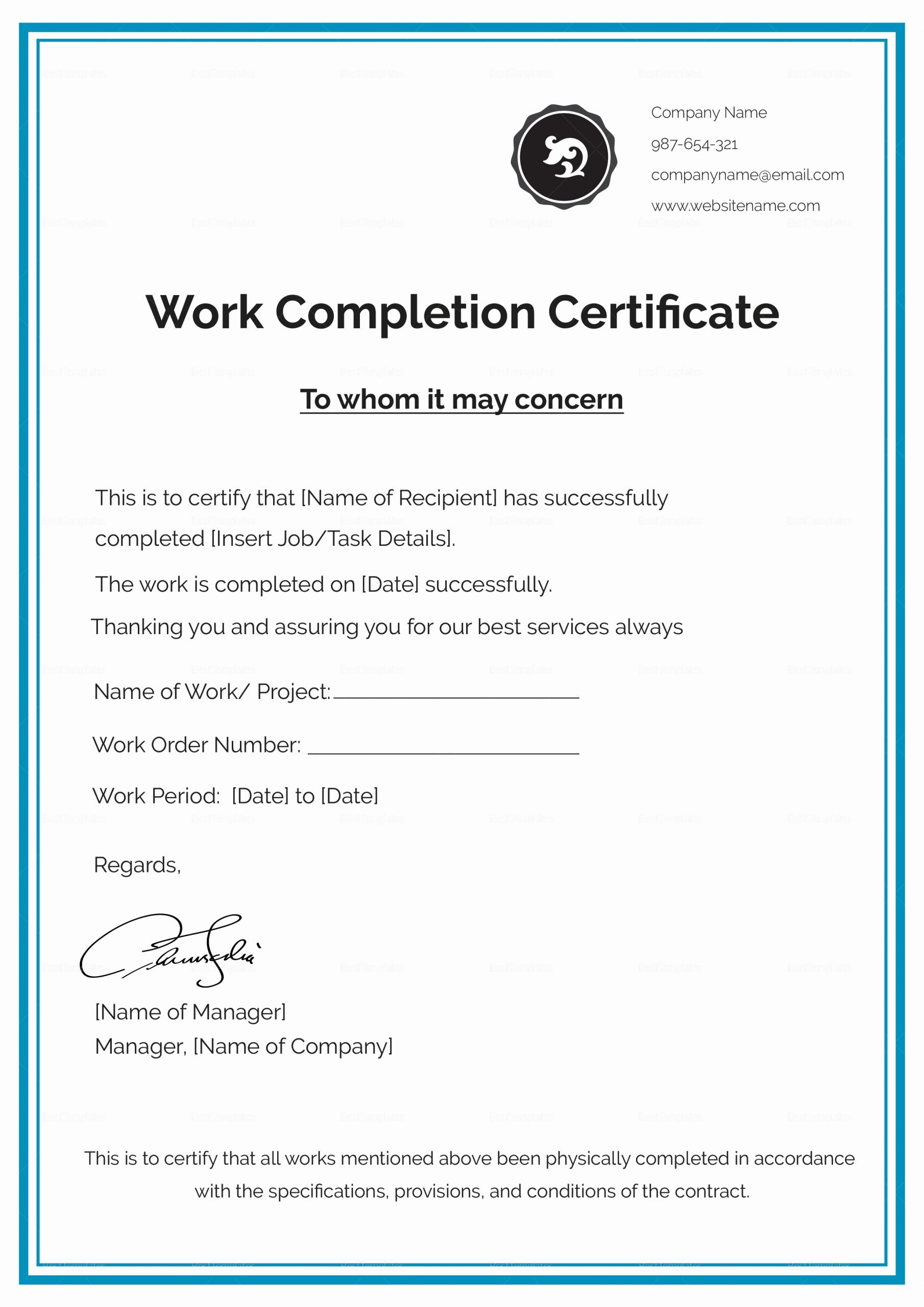 Certificate Of Completion Template Construction Unique Work Pletion Certificate Design Template In Psd Word