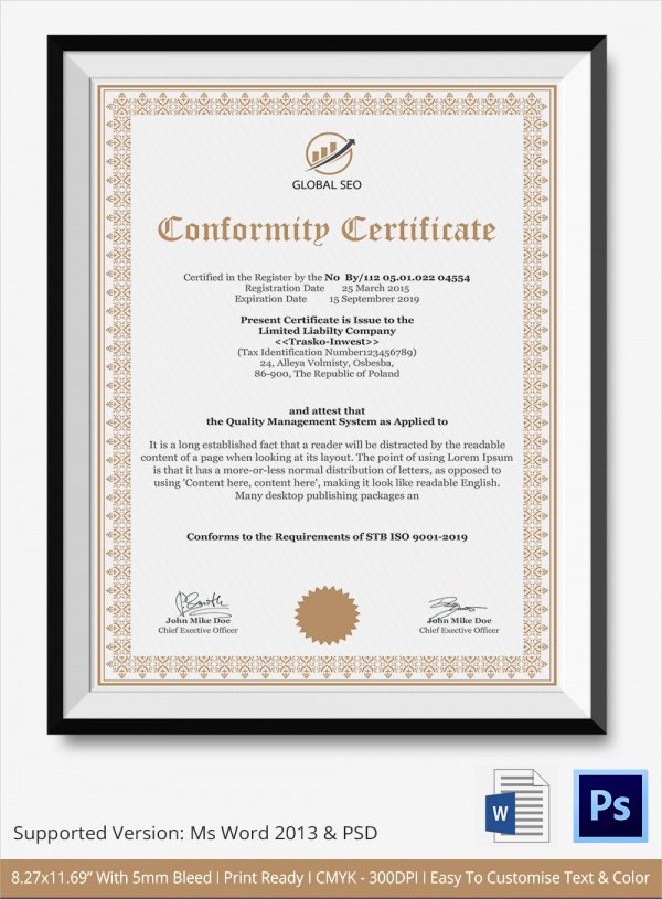 Certificate Of Conformance Template Lovely Sample Certificate Of Conformance 23 Documents In Pdf