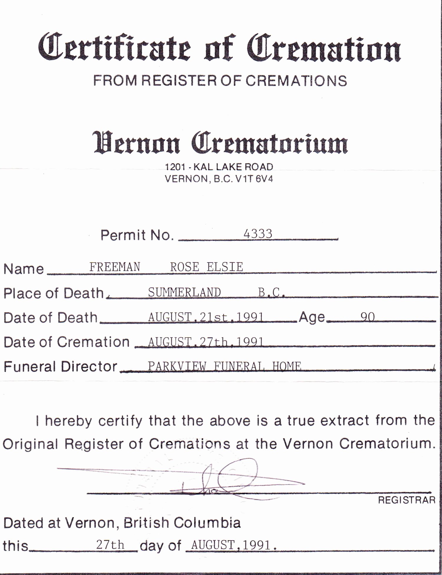Certificate Of Cremation Template Best Of Rose Elsie Clover Freeman