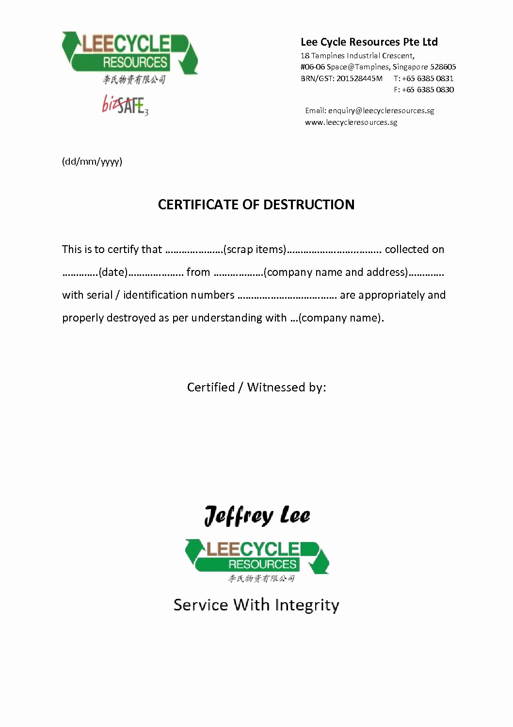 Certificate Of Destruction Template Best Of Certificate Destruction Leecycle Resources Singapore