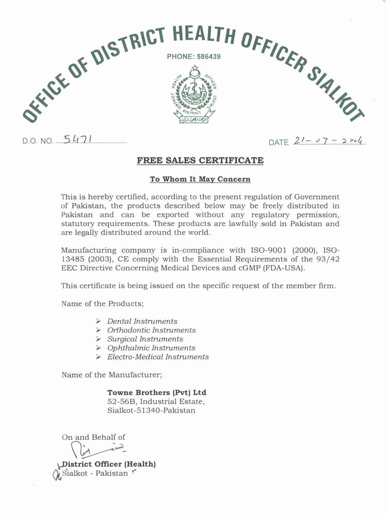Certificate Of Free Sale Template New T O W N E Brothers Pvt Ltd Manufacturer Surgical