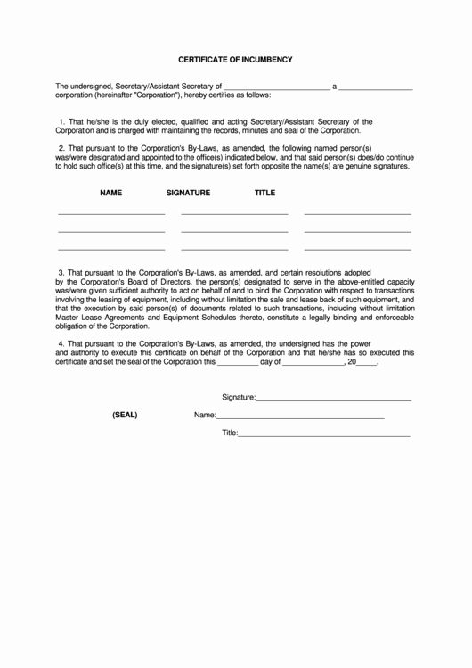 Certificate Of Incumbency Template Lovely Certificate Incumbency form Printable Pdf