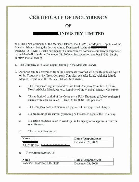 Certificate Of Incumbency Template Unique Free Printable Certificate Incumbency form Generic