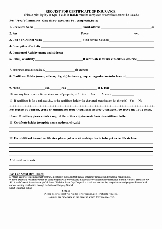 Certificate Of Insurance Request form Template Inspirational Request for Certificate Insurance form Printable Pdf