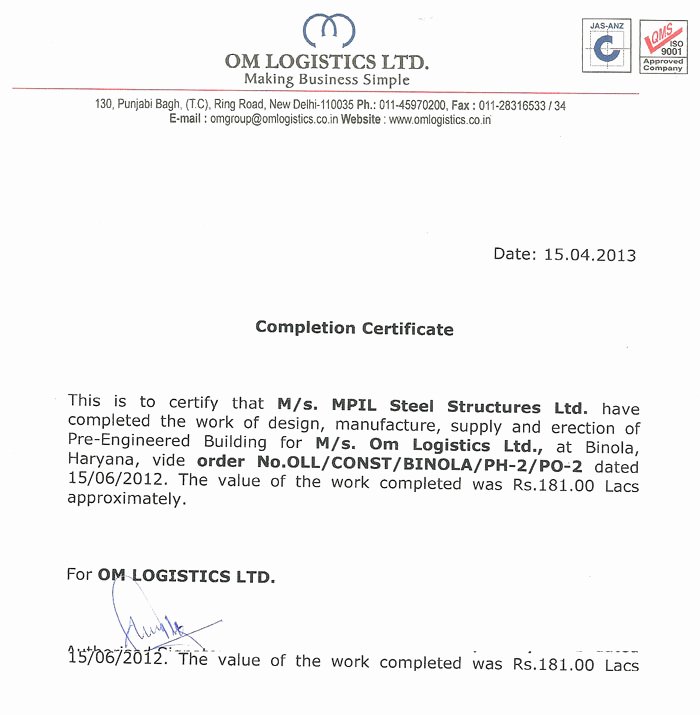 Certificate Of Job Completion Lovely Mpil Structural Steel Manufacturer Clients Pletion