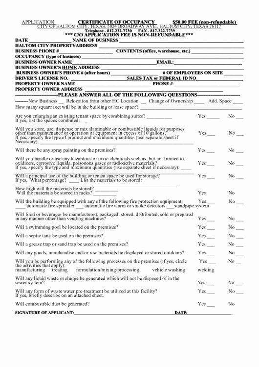 Certificate Of Occupancy Template Awesome City Haltom City Certificate Occupancy Printable Pdf