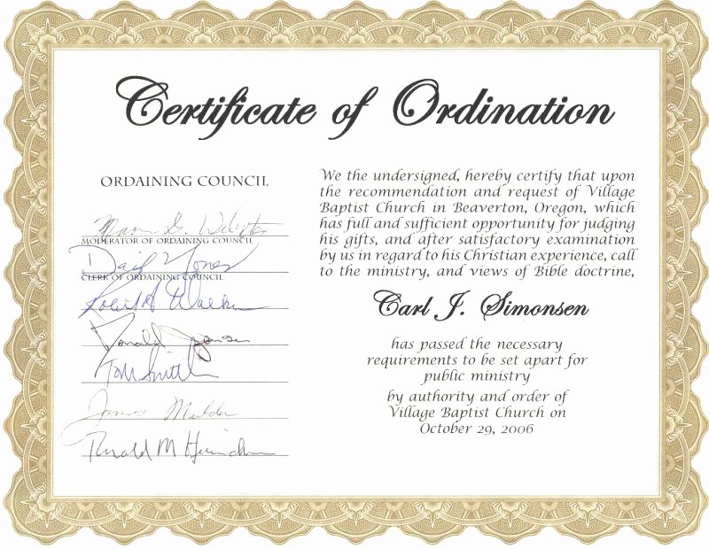 Certificate Of ordination Template Fresh ordained Minister Certificate