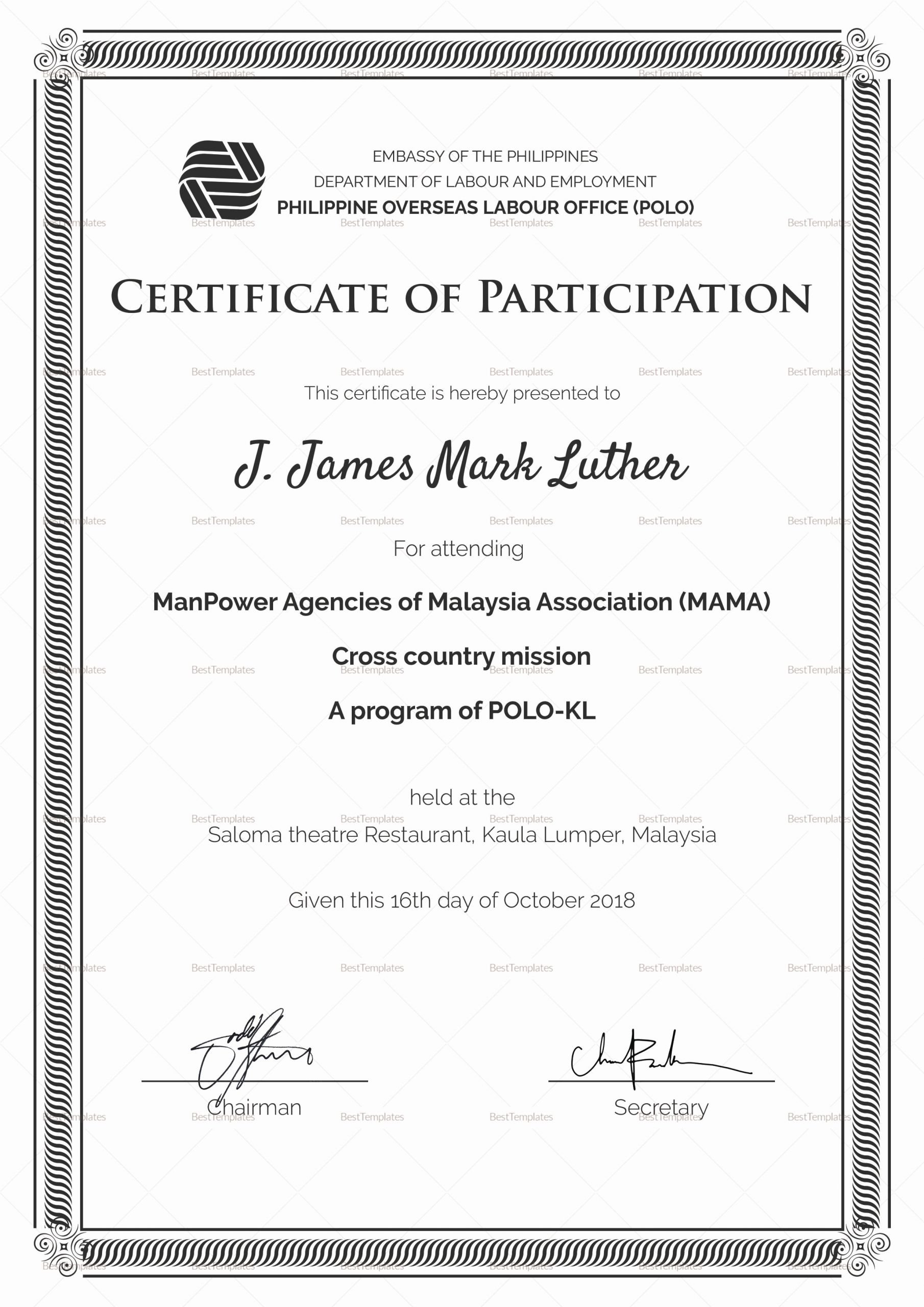 Certificate Of Participation Template Word Unique Certificate Of Participation Design Template In Psd Word
