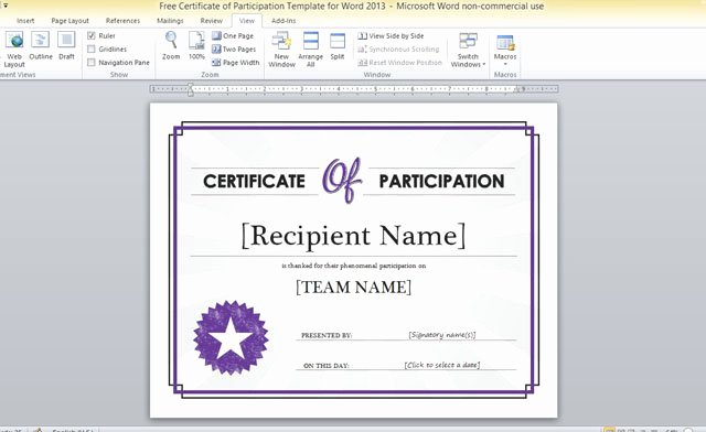 Certificate Of Participation Templates Beautiful Free Certificate Participation Template for Word 2013