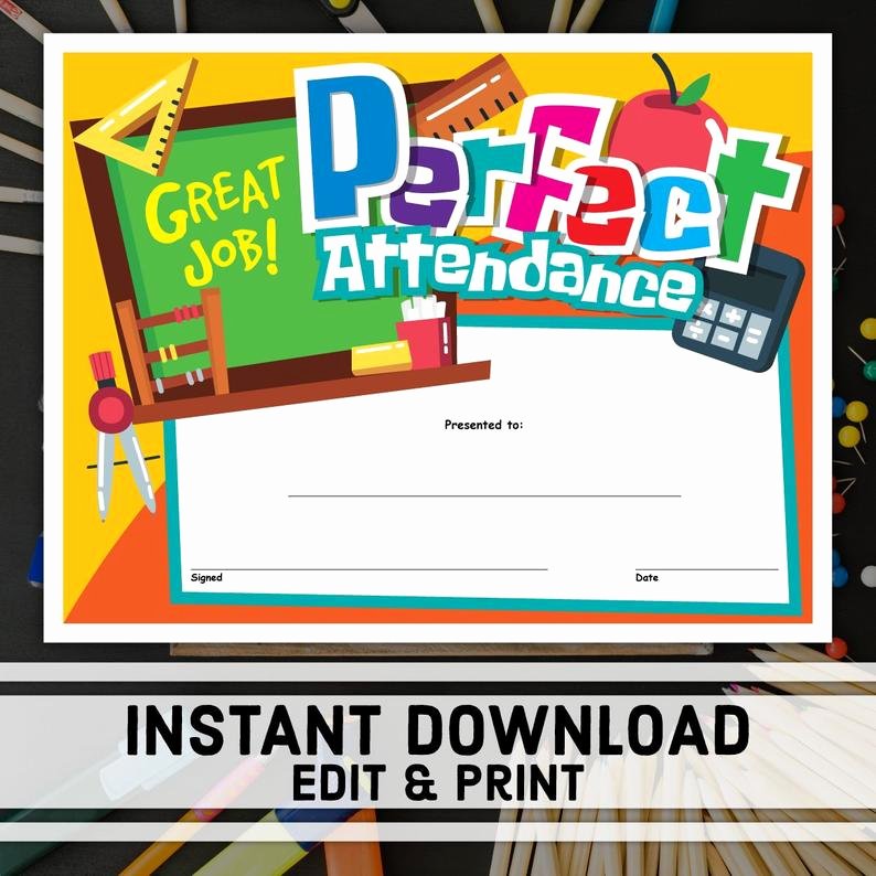 Certificate Of Perfect attendance New Perfect attendance Certificate Instant Download Printable