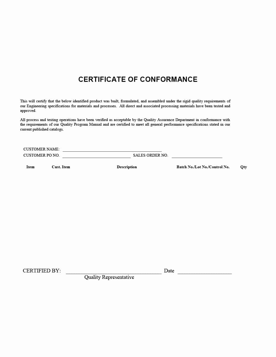 Certificate Of Quality Template Awesome 40 Free Certificate Of Conformance Templates &amp; forms