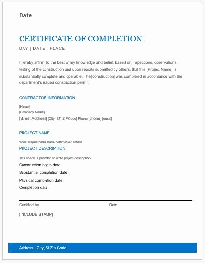 Certificate Of Substantial Completion Template Elegant Work Pletion Certificates for Ms Word