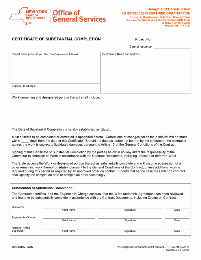 Certificate Of Substantial Completion Template Fresh Certificate Of Substantial Pletion In Word and Pdf formats
