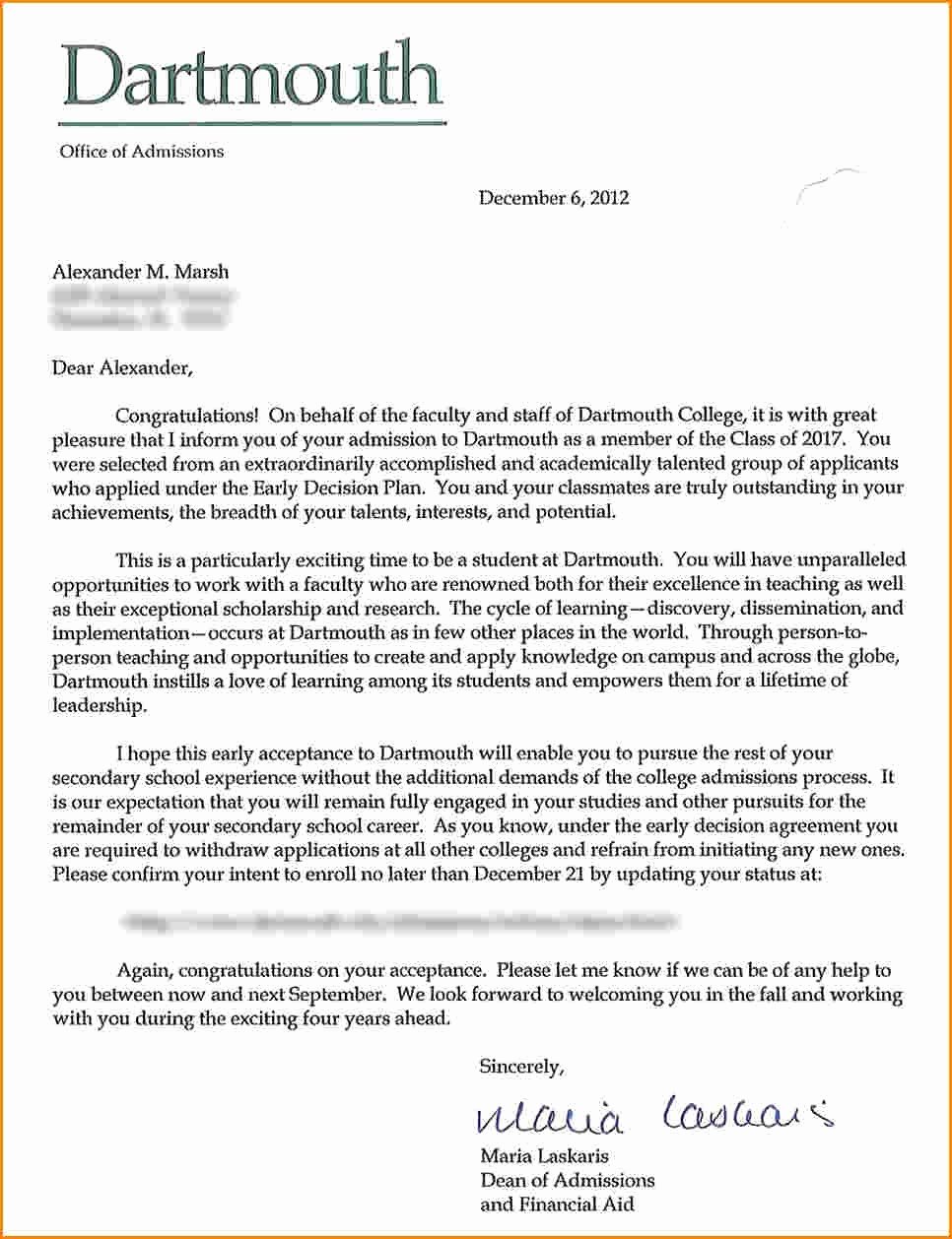 College Application Sample Awesome College Acceptance Letter