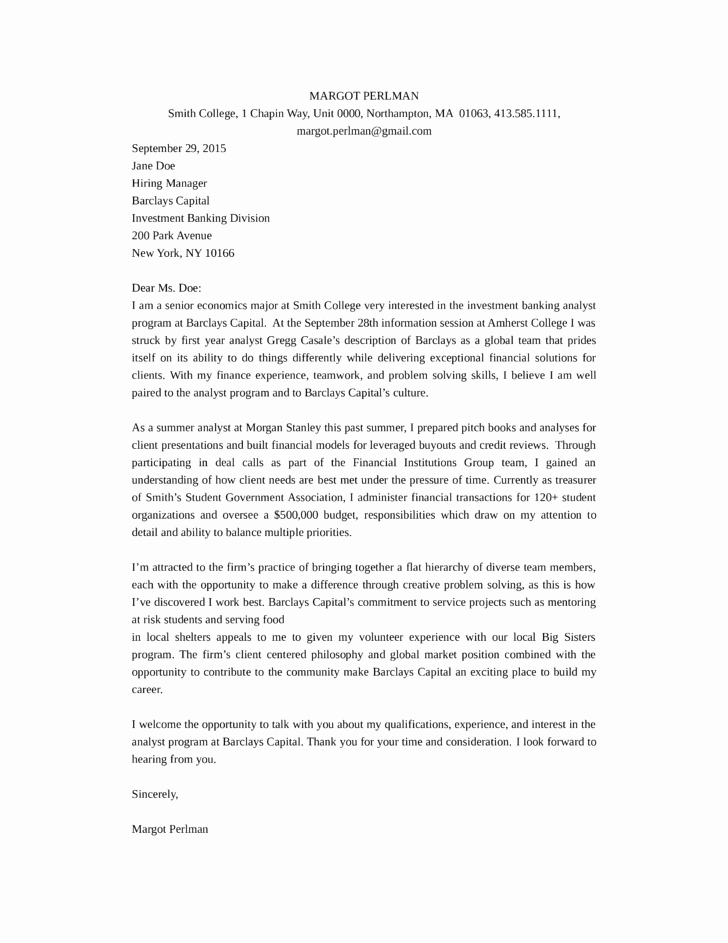 Commitment Letter for Work Lovely Sample Cover Letter for Investment Banking Internship