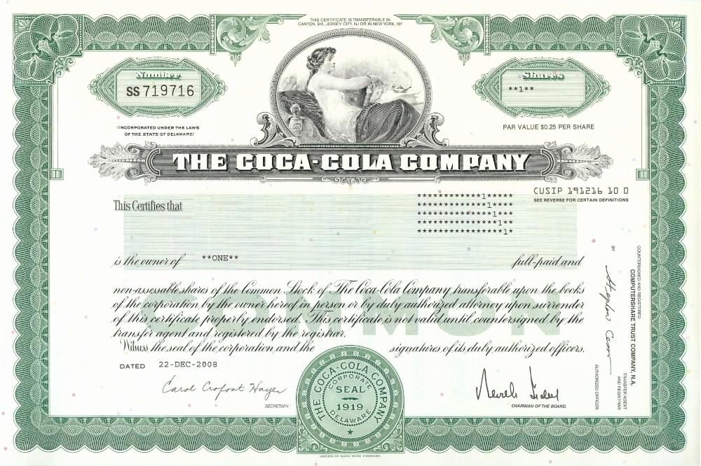 Corporate Bond Certificate Template Awesome Coca Cola Stock Certificate 1 Share Par Value 0 25 Per