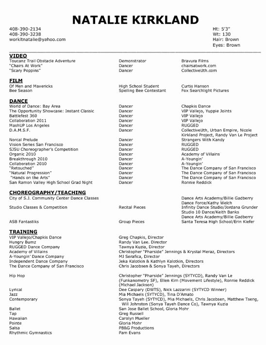 Dance Resume Template Microsoft Word Unique Dance Resume Layout Sample O Dance
