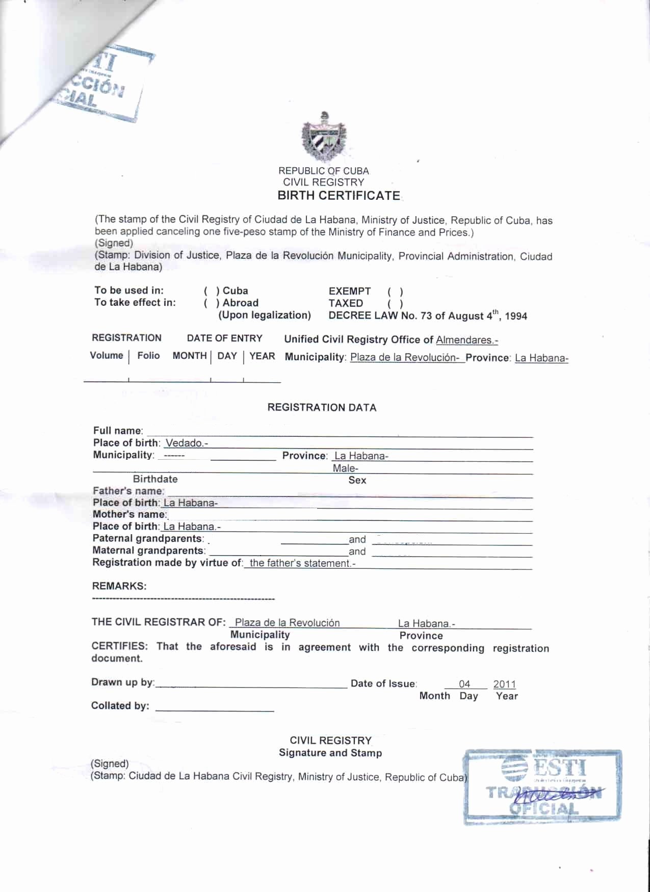 Divorce Certificate Translation From Spanish to English Template Beautiful Cuban Birth Certificate Translation Sample