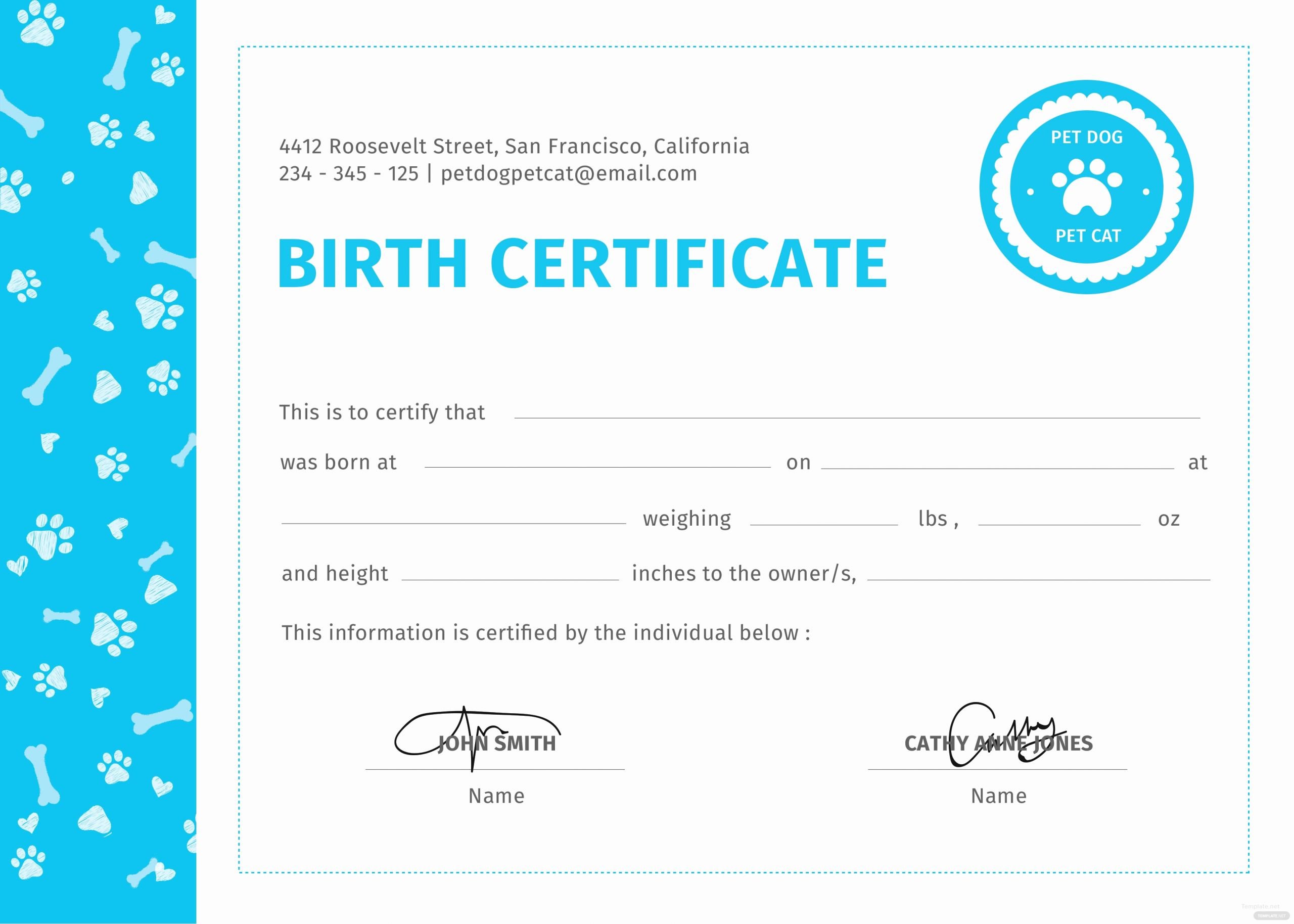 Dog Birth Certificate Template Free Inspirational Free Pet Birth Certificate Template In Psd Ms Word