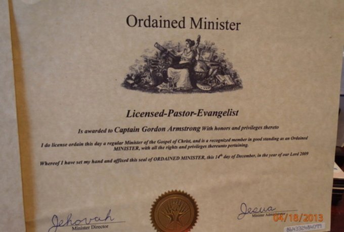 ordained pastor certificate