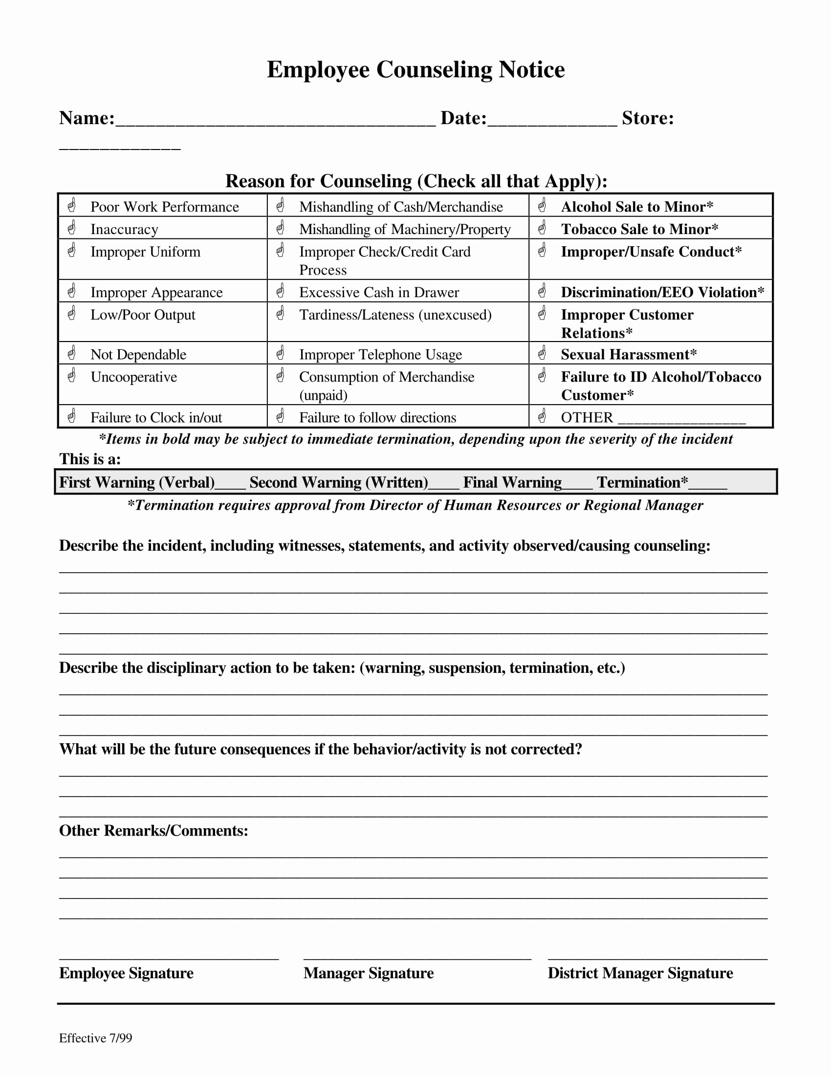 Employee Counseling form Elegant Free 14 Counseling Statement form Samples