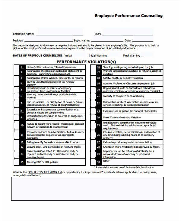 Employee Counseling form Sample Elegant Free 47 Counseling form Examples