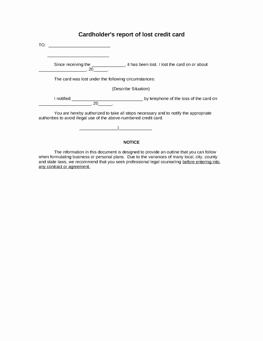 Employee Credit Card Agreement Template New Sample Cardholder S Report Of Lost Credit Card form