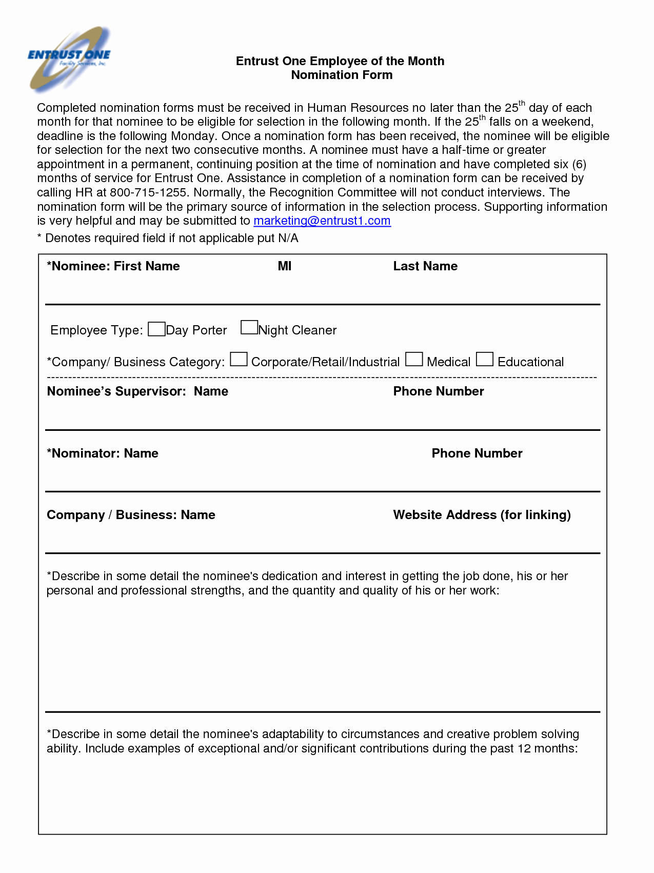 Employee Of the Month form Template Awesome Best S Of Employee Recognition Nomination Letter