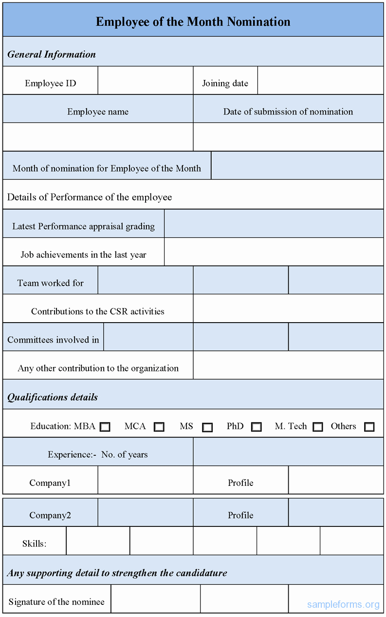 Employee Of the Month form Template New Employee Of the Month Nomination form Sample forms