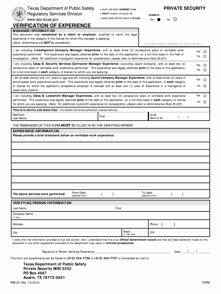 Employment Verification form Texas New 2012 2019 form Tx Dps Psb 02 Fill Line Printable
