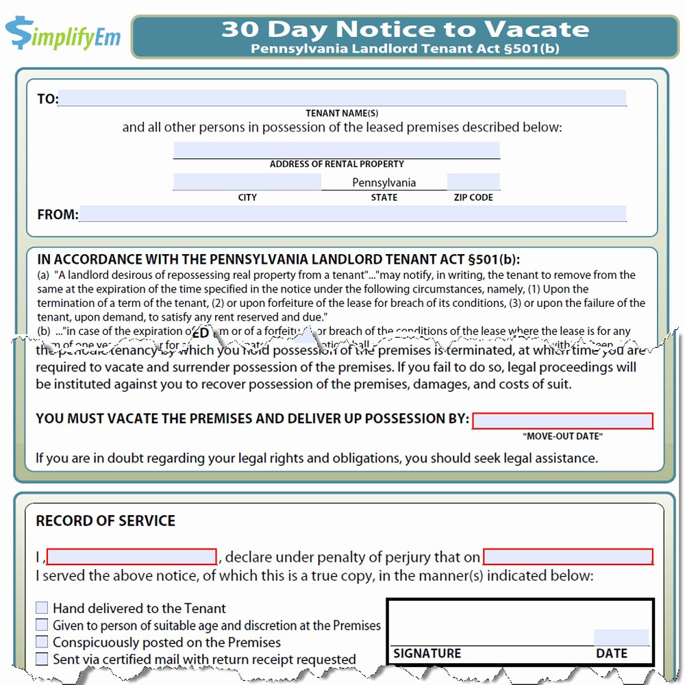 Eviction Notice Pa Template Awesome Pennsylvania Notice to Vacate