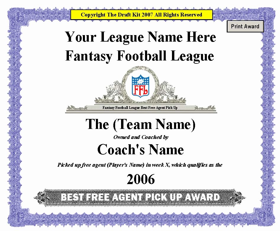 Fantasy Football Certificate Template Luxury Fantasy Award Maker Sample Page