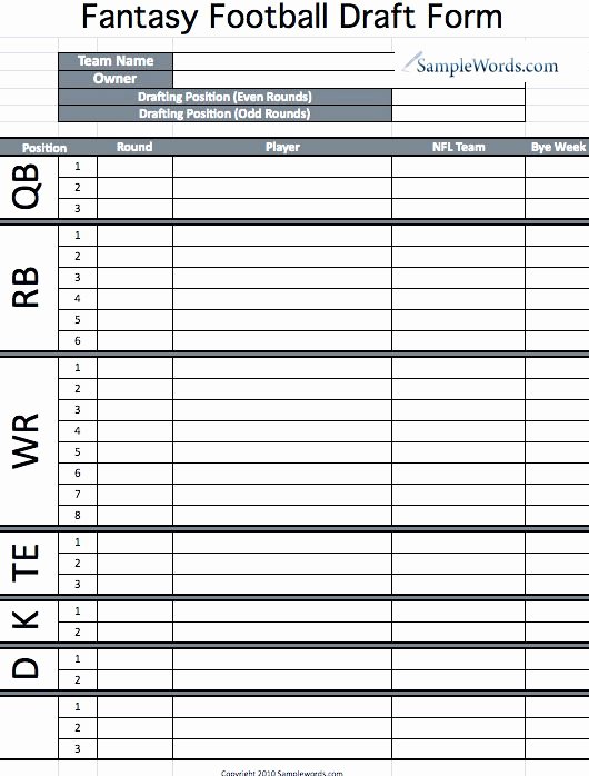 Fantasy Football Draft Spreadsheet Template Awesome Printable Fantasy Football Draft form