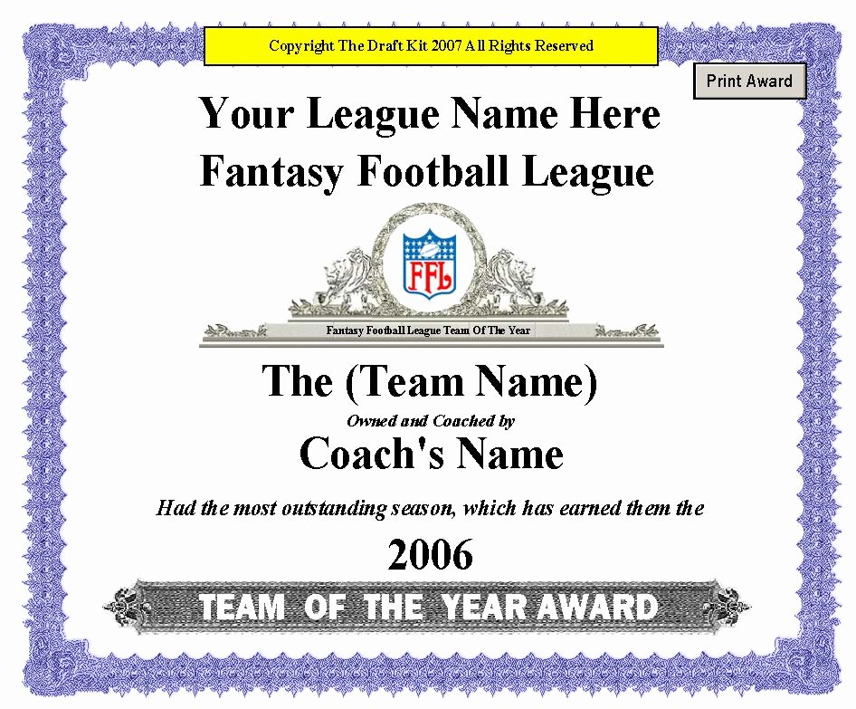 Fantasy Football Winner Certificate Awesome Fantasy Award Maker Sample Page