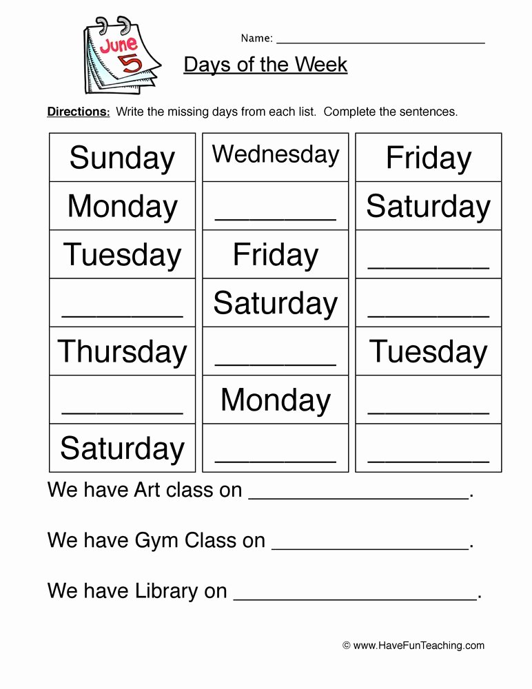 Fill In the Blank Printables Unique Days Of the Week Worksheet Fill In the Blank