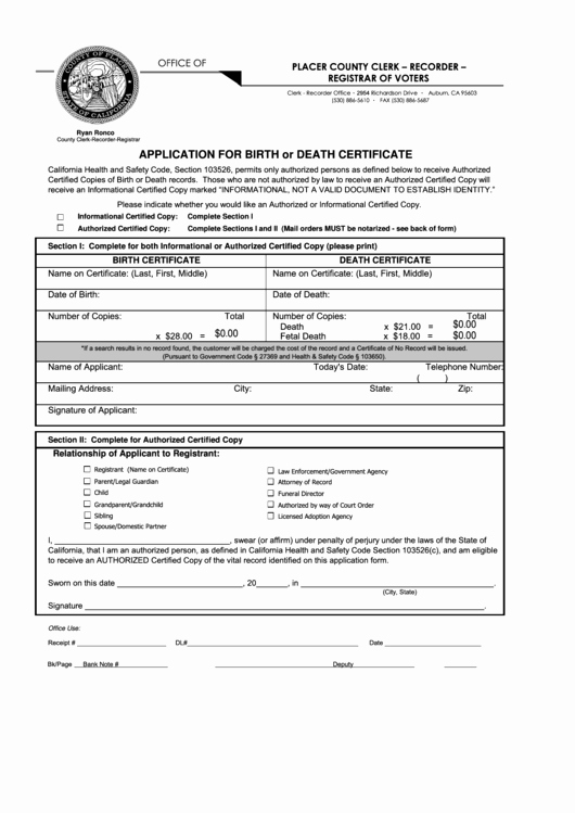 Fillable Birth Certificate Template Fresh Fillable Birth Death Certificate Application form