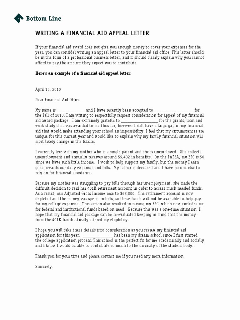 Financial Need Letter Beautiful Bottom Line Writing A Financial Aid Appeal Letter