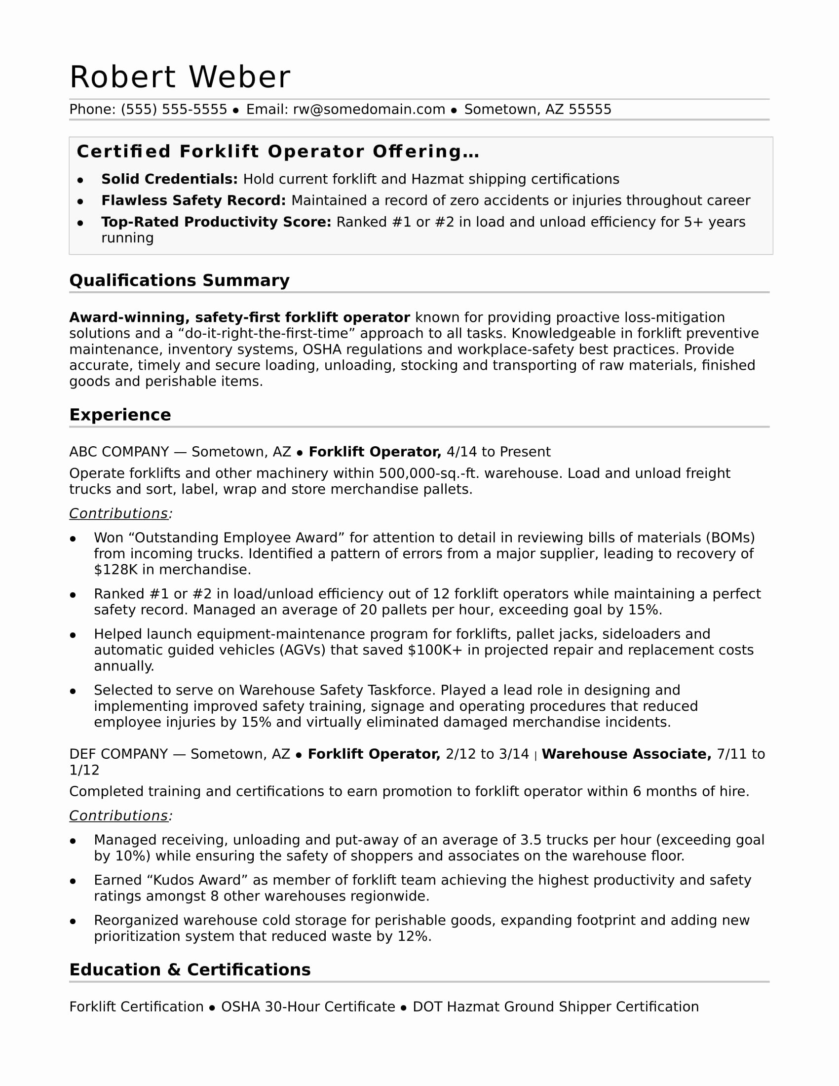 Forklift Operator Certificate Template Lovely forklift Operator Resume Sample