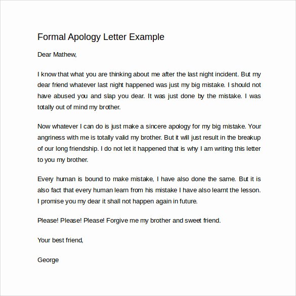 Formal Apology Template Unique Sample formal Apology Letter 7 Download Free Documents