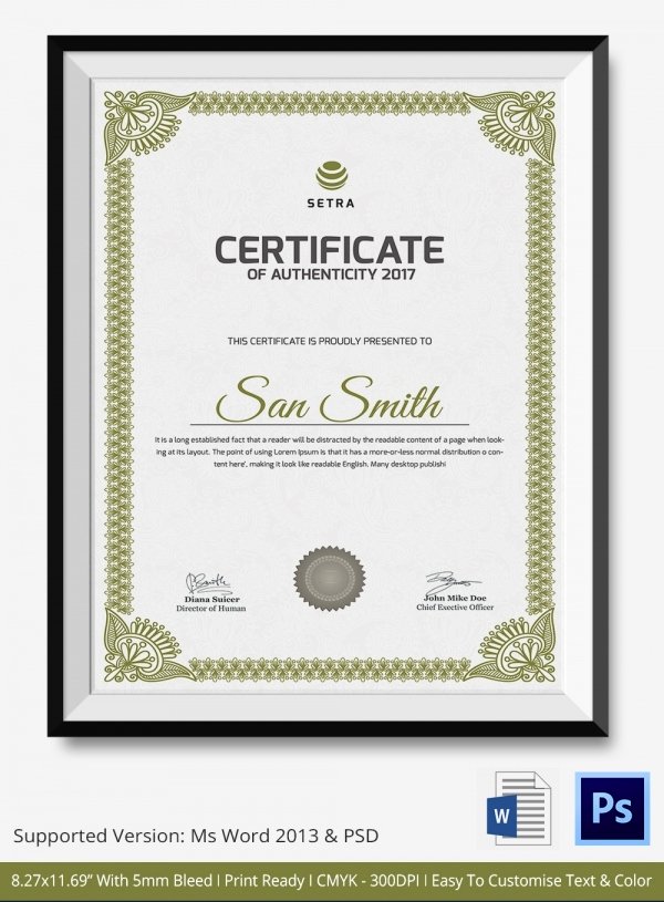 Free Certificate Of Authenticity Template Fresh Certificate Of Authenticity Template 27 Free Word Pdf