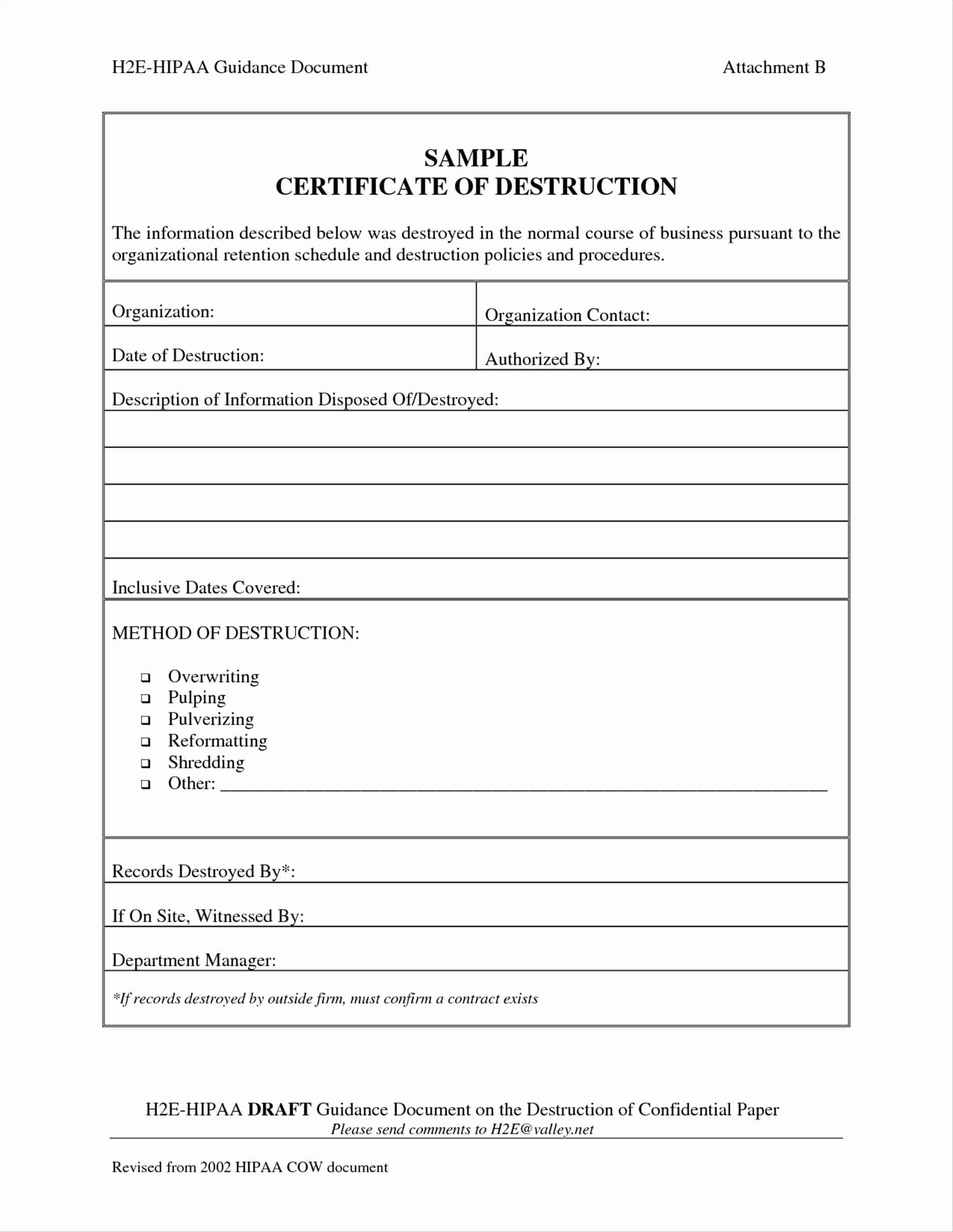 Free Certificate Of Destruction Template Beautiful Certificate Destruction Templates 10 Free Pdf format