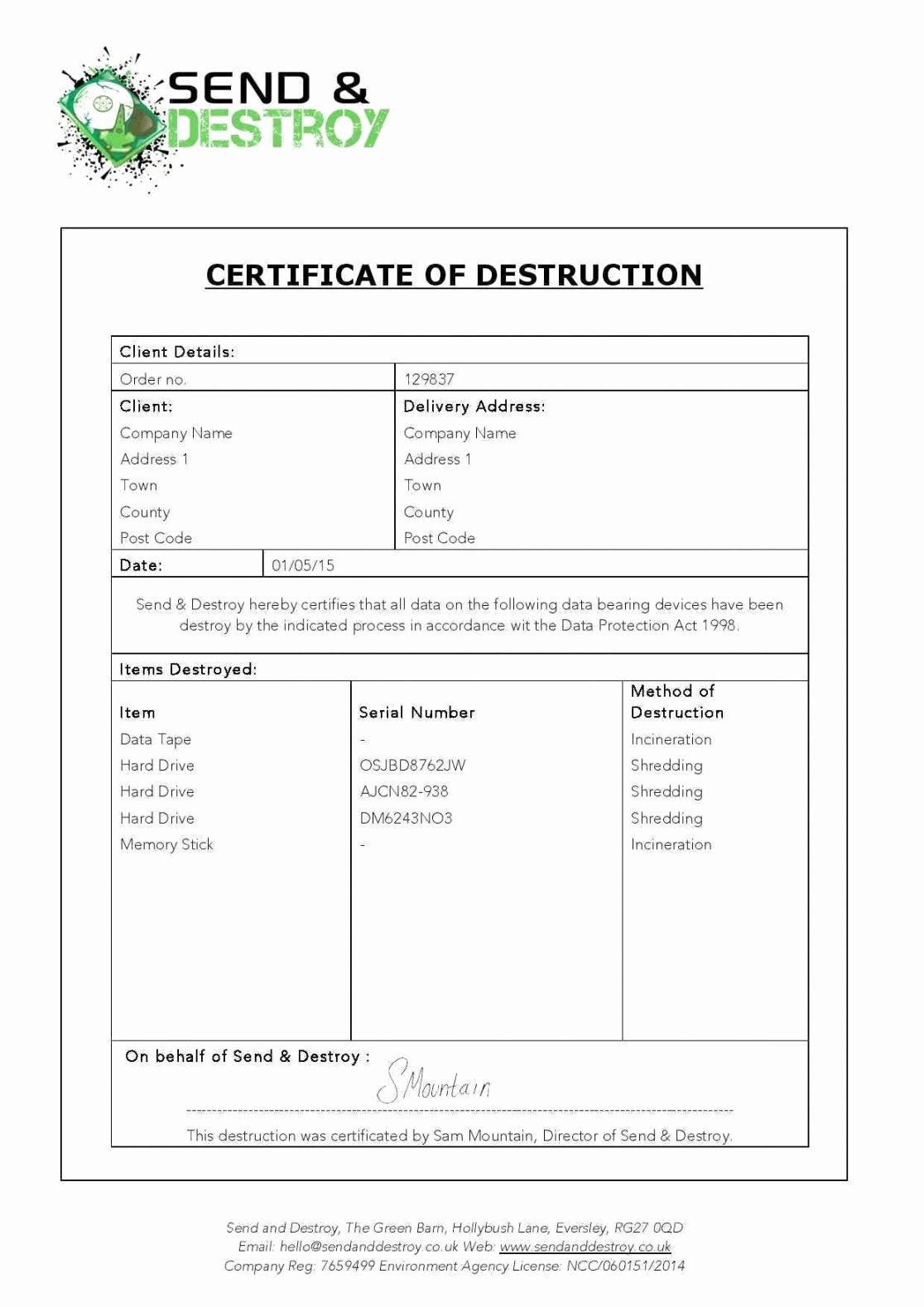 Free Certificate Of Destruction Template Beautiful Hard Drive Destruction Certificate Template