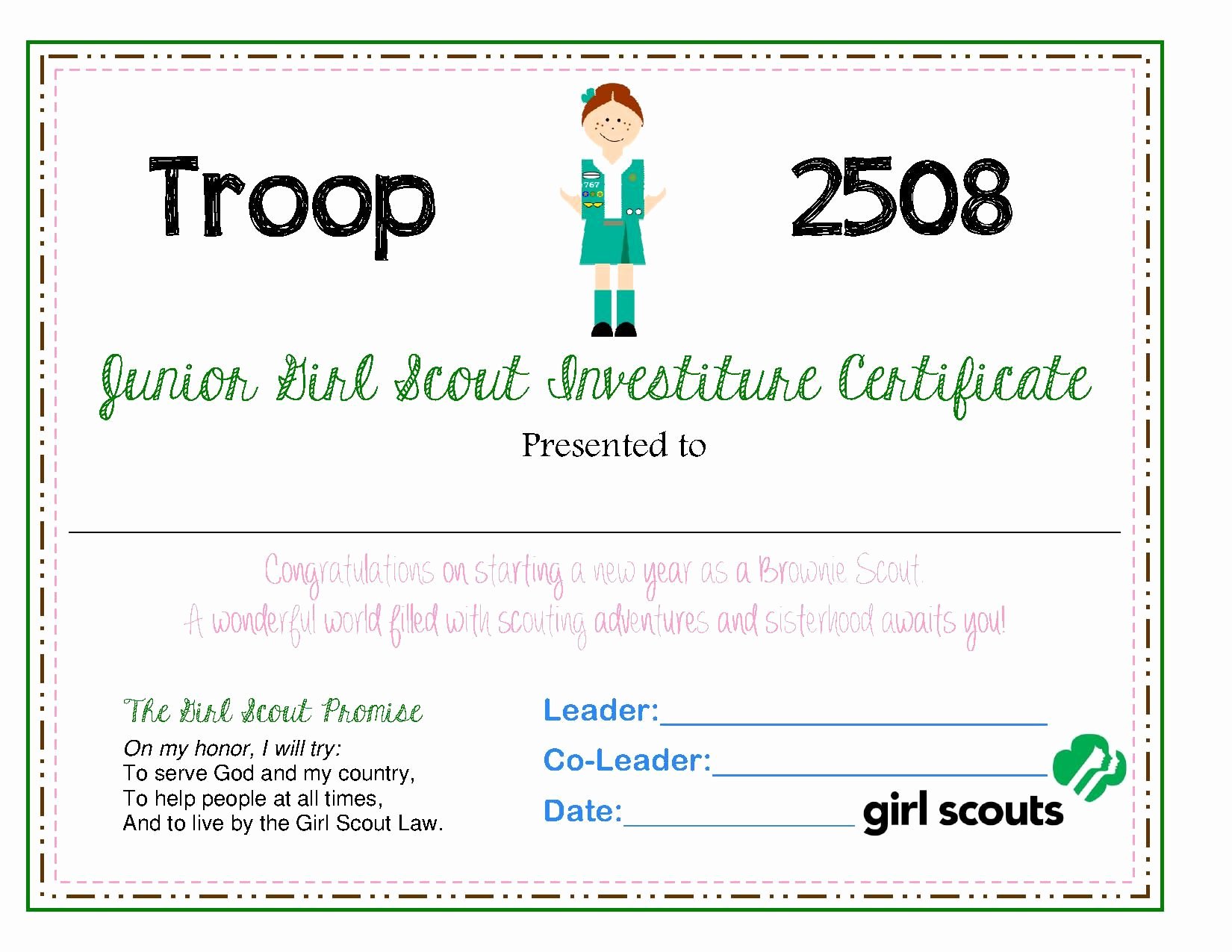 Girl Scout Certificate Template Elegant Junior Investiture Certificate Scout Shtuff