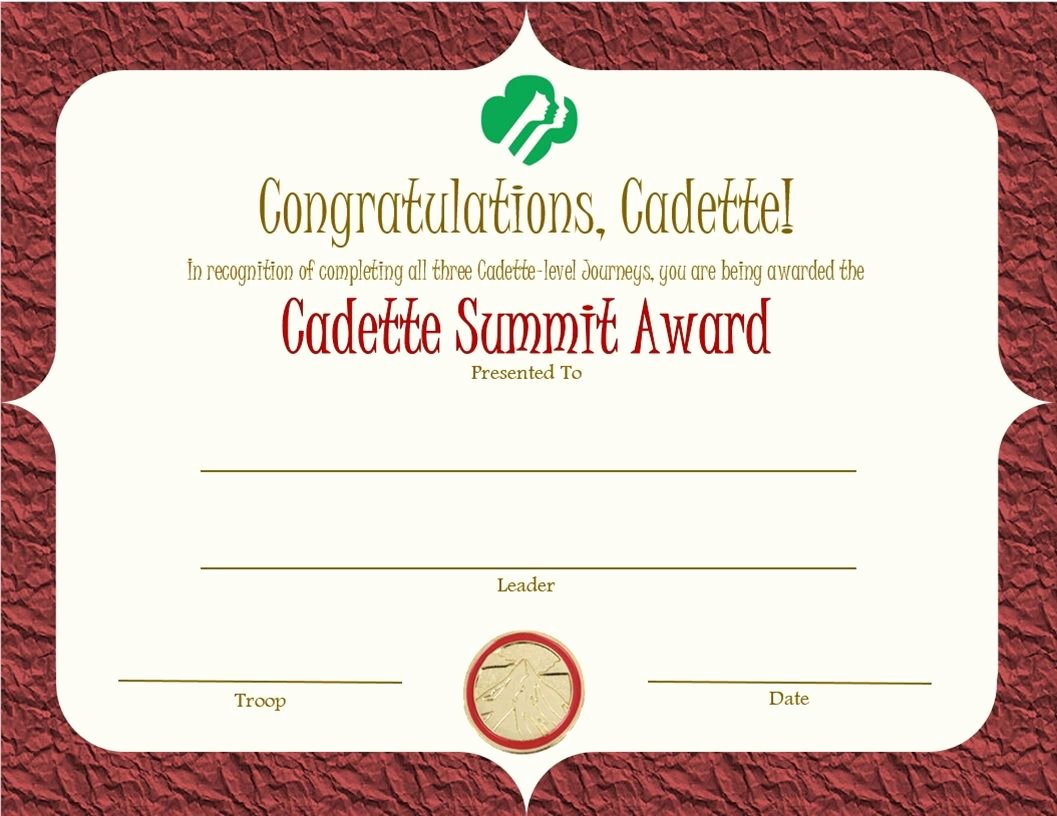 Girl Scout Certificate Template New Cadette Summit Award Certificate
