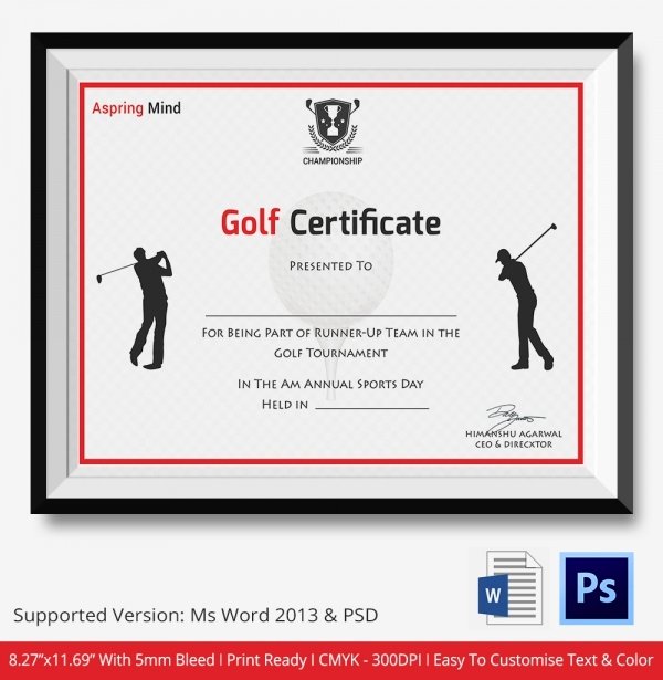 Golf Certificate Templates for Word Awesome Golf Certificate Template 5 Word Psd format Download